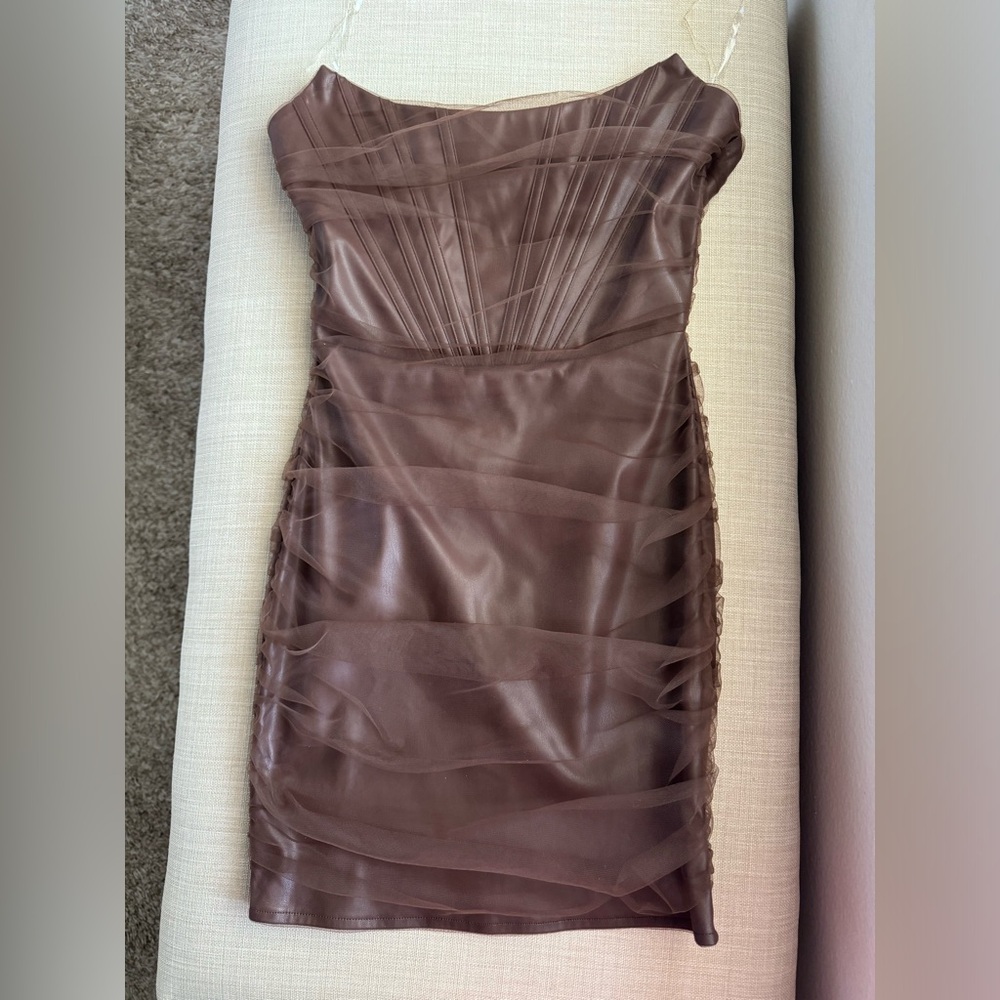 Faux leather mesh mini dress
